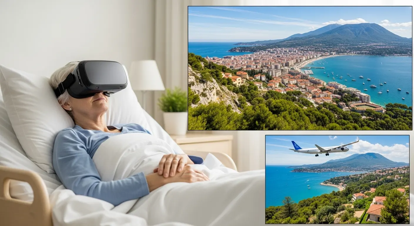 ベッドに横たわる高齢者が、介護者のサポートを受けながらVRゴーグルを装着し、目の前に美しい海外のビーチが広がるバーチャル旅行を楽しんでいる。