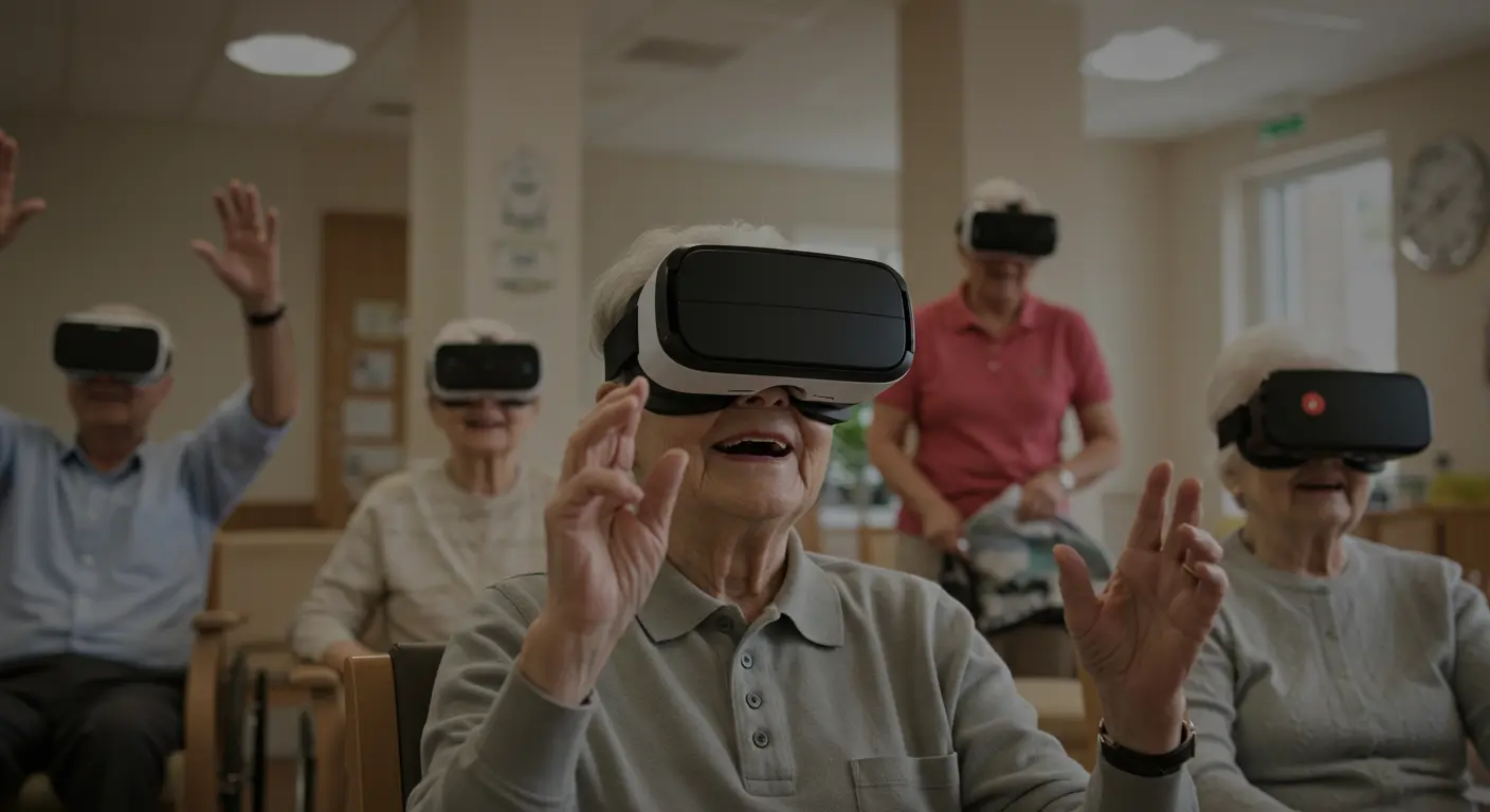 介護施設やデイサービスのレクリエーションで、高齢者たちがVRゴーグルを装着して楽しんでいる集合写真。