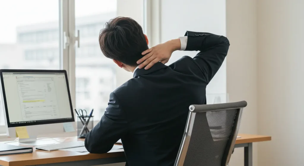 パソコンのデスクで、椅子に座ったまま肩や首をゆっくりとストレッチしているビジネスパーソン。