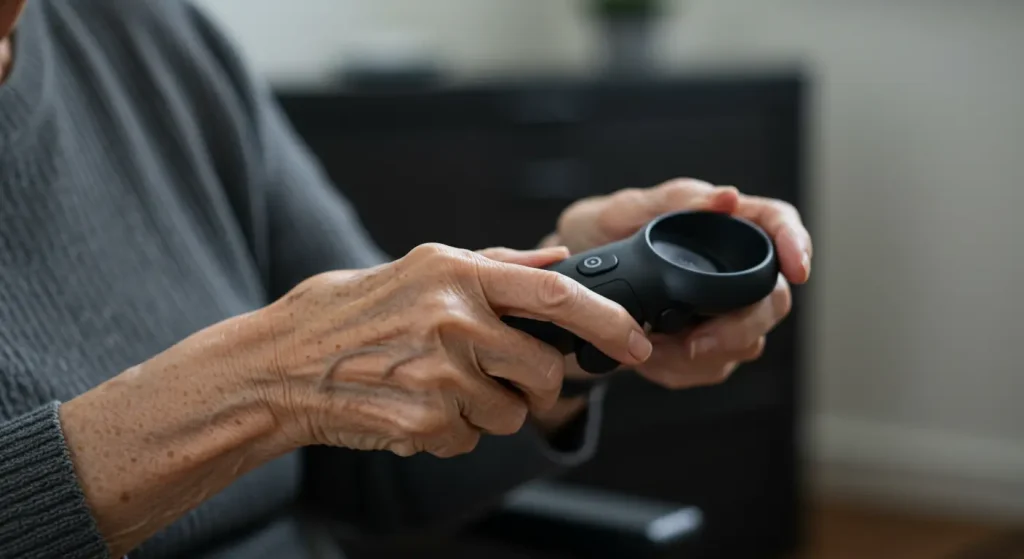 高齢者の手が、シンプルで操作しやすい一体型VRゴーグルのコントローラーを握っているクローズアップ。