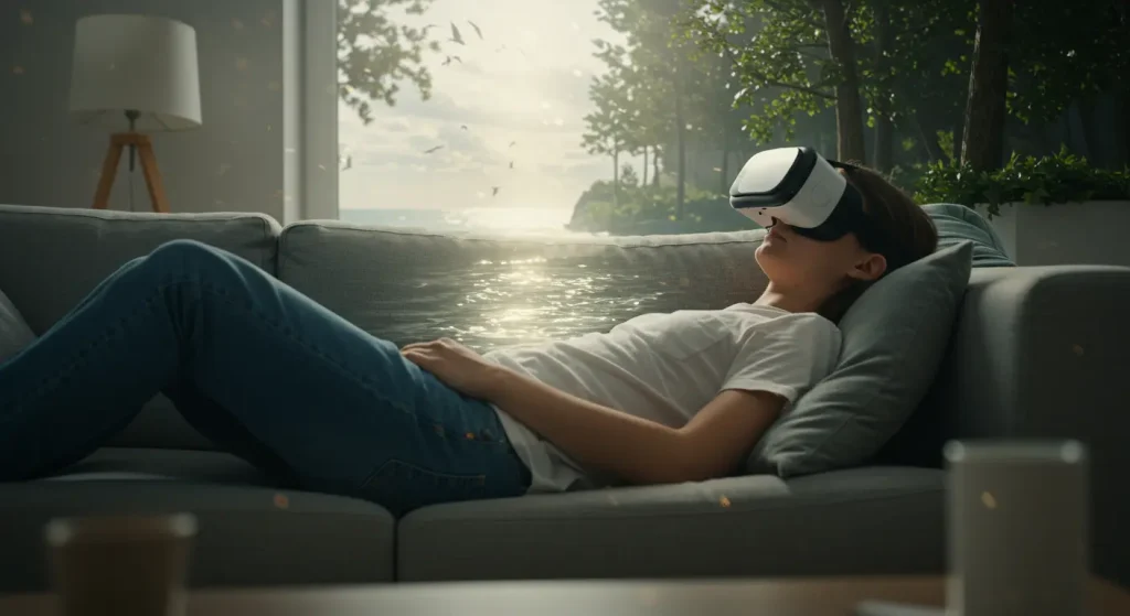 リビングのソファでVRゴーグルを装着し、仮想空間の美しい自然(例:森やビーチ)に没入してリラックスしている人物。