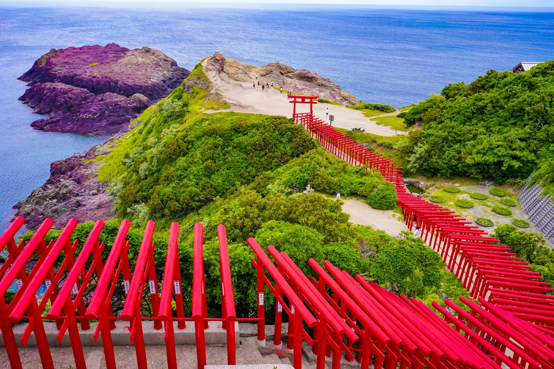 山口県の元乃隅神社。朱色の鳥居が連なり、海に向かって伸びる絶景。駐車場やアクセス情報も含まれるイメージ。