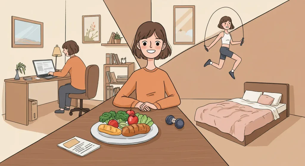 パソコン作業、運動、食事、睡眠など、在宅勤務中の生活の要素がバランスよく配置されたイラスト