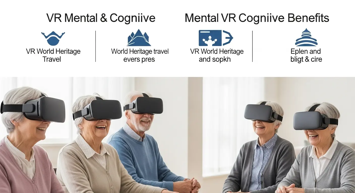 介護施設やデイサービスで、VRゴーグルを装着し、笑顔で世界遺産の映像を見ている高齢者たち。