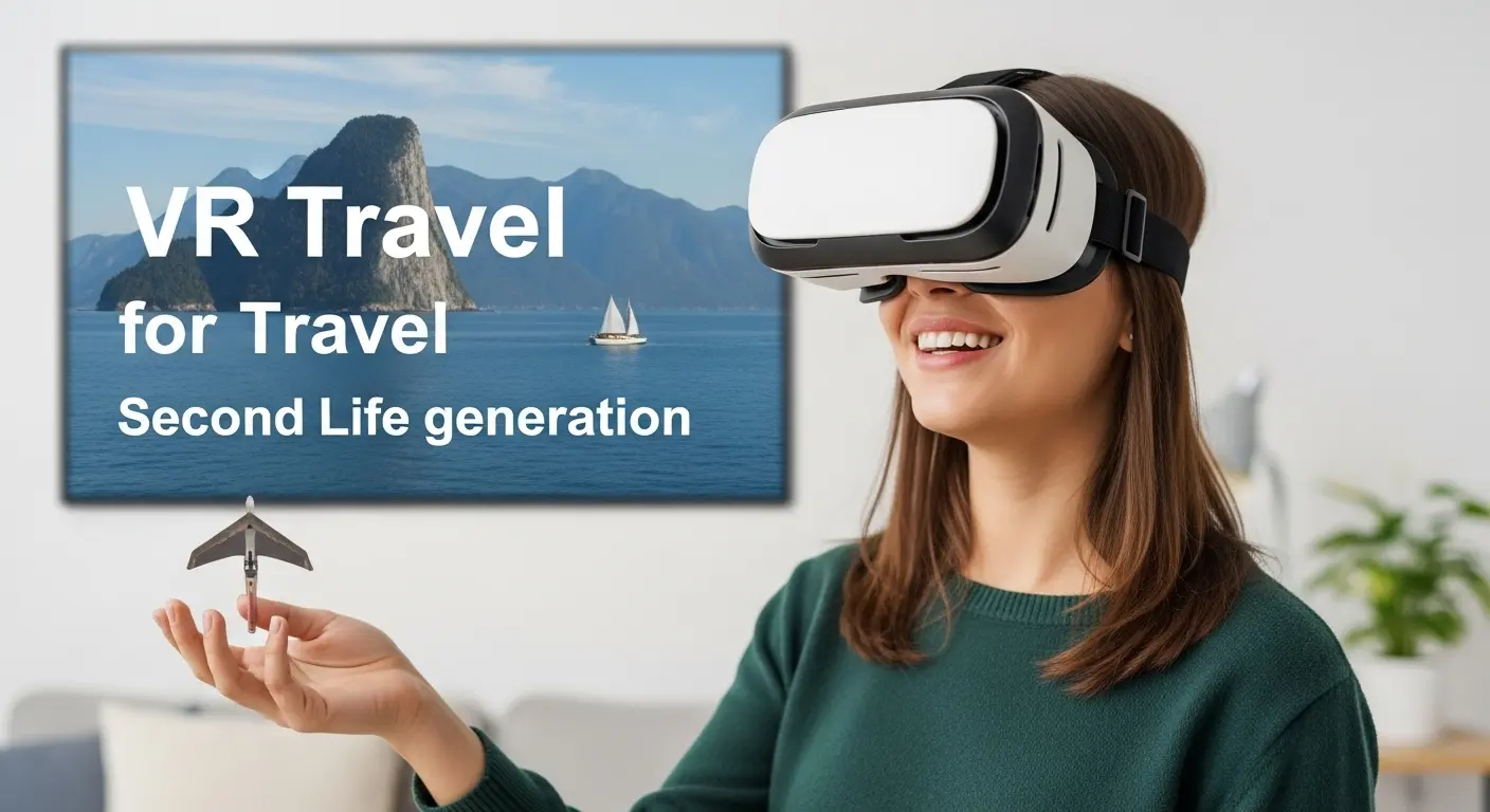 笑顔のセカンドライフ世代の女性がVRゴーグルを装着し、自宅で新しい旅の体験を満喫している様子。