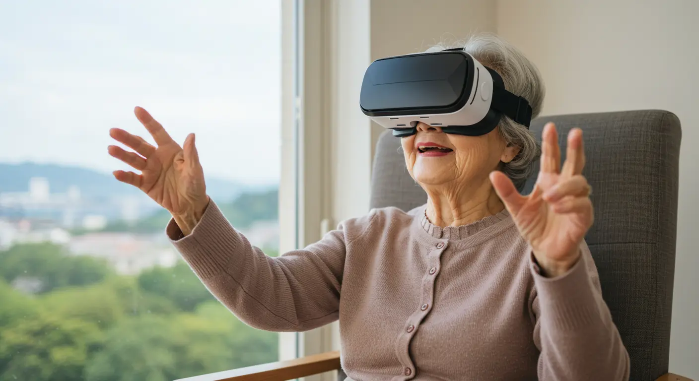 高齢の女性がVRゴーグルを装着し、リビングで楽しそうに仮想観光体験をしている様子。背景には海外の風景が広がる。