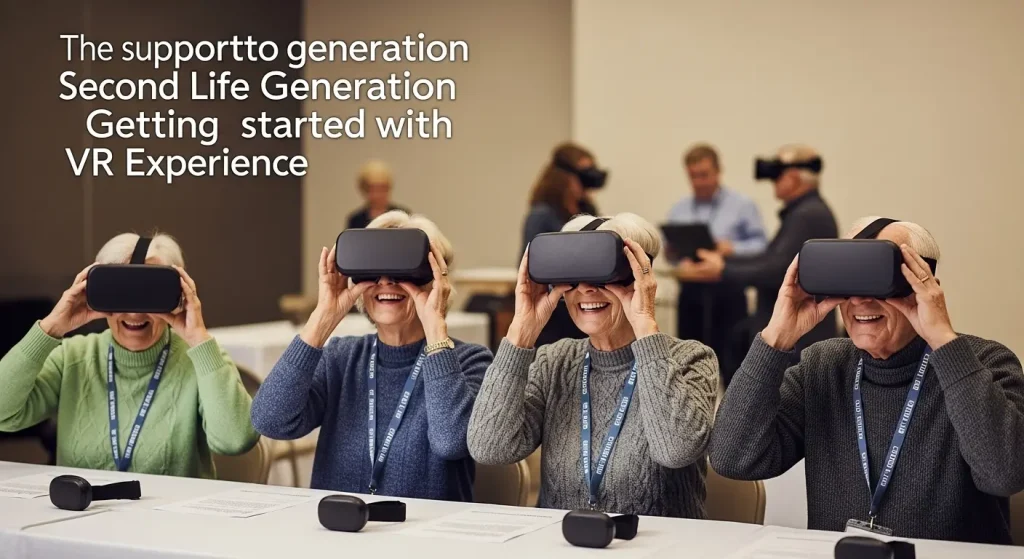 地域の高齢者向けイベントや施設で、複数のシニアがVRゴーグルを試着し、スタッフが操作方法を教えている風景。