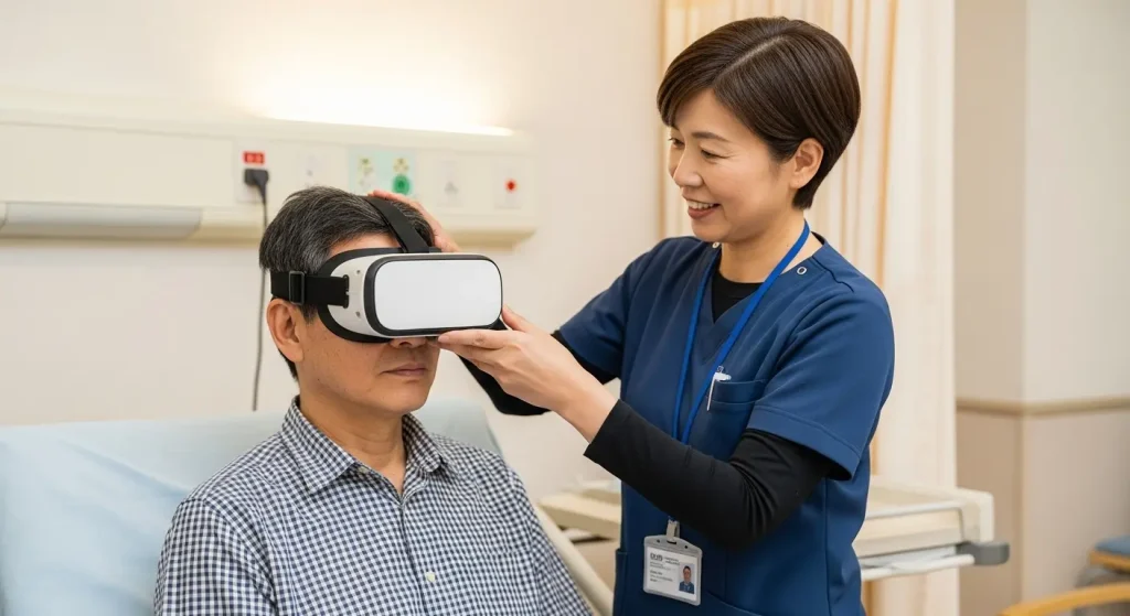 高齢者にも使いやすいようシンプルにデザインされたVRゴーグルと、それを装着するのを手伝う介護者の手元。