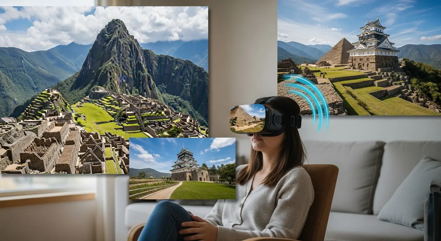 自宅のリビングでVRゴーグルを装着し、目の前にマチュピチュ遺跡、エジプトのピラミッド、日本の古都（京都など）の風景が広がるバーチャル旅行を楽しんでいる人物。