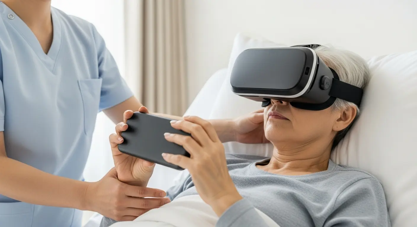 ベッドに横たわる高齢者がVRゴーグルを装着し、その様子を優しく見守る介護者の手元。