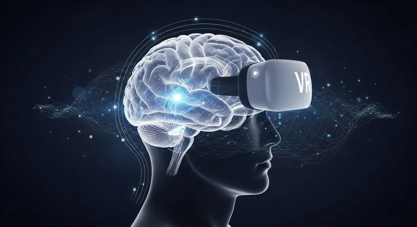 VRゴーグルを装着した人物の頭部から、光の粒子やネットワーク状の図が広がり、脳の活性化や認知機能向上を示唆する抽象的なイメージ。