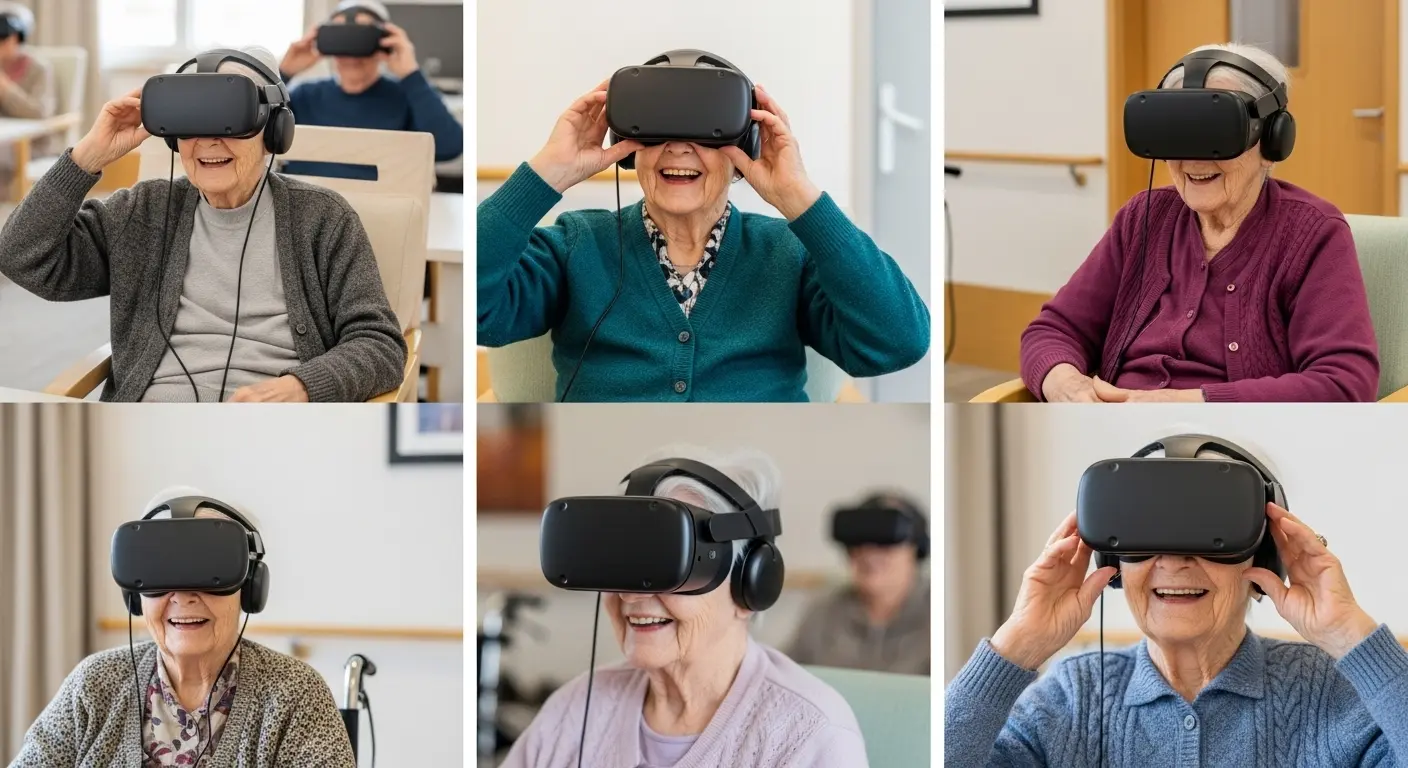 高齢者施設で、VRゴーグルを装着した複数の利用者が笑顔で楽しんでいるレクリエーション風景。