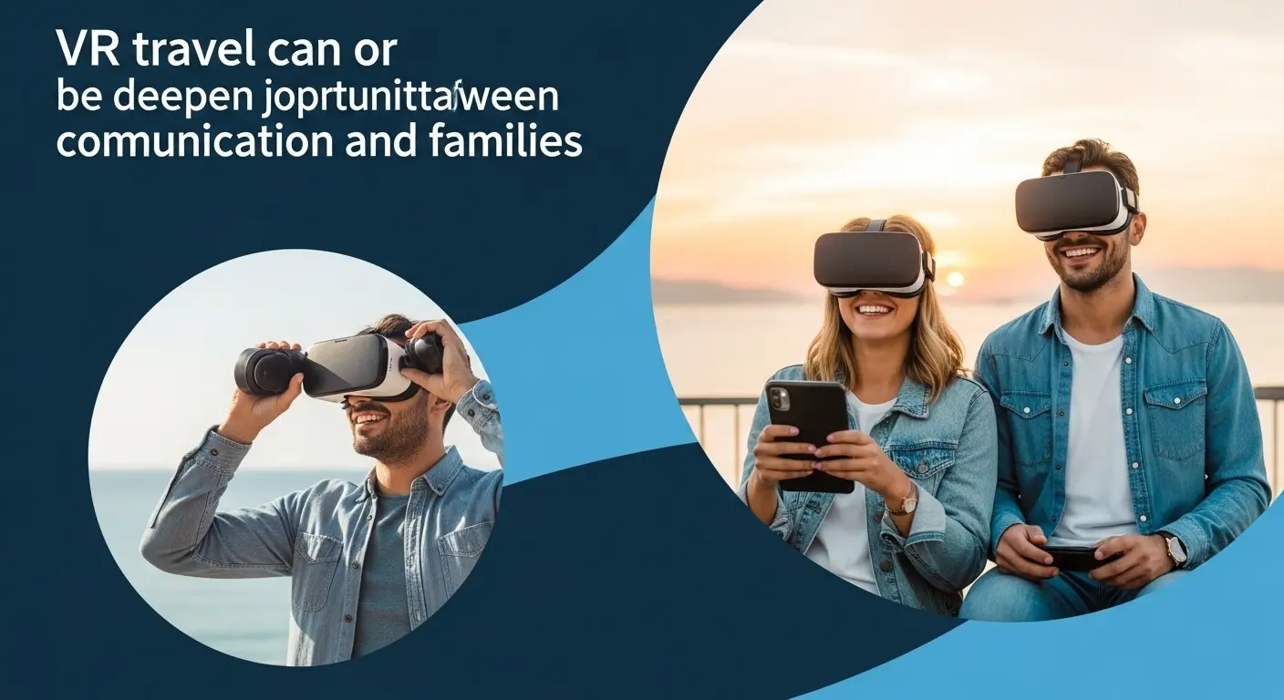 セカンドライフ世代の夫婦が、ソファに座り、それぞれVRゴーグルを装着して、同じ仮想空間の旅行コンテンツを体験し、笑顔で顔を見合わせている。