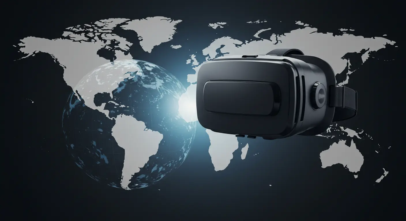 VRヘッドセットと、その奥に広がる世界地図のイメージ。VRが旅の新しい扉を開くことを示唆。
