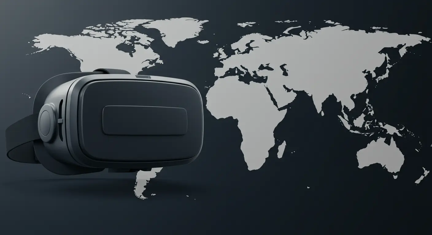 VRヘッドセットと、その奥に広がる世界地図のイメージ。VRが旅の新しい扉を開くことを示唆。