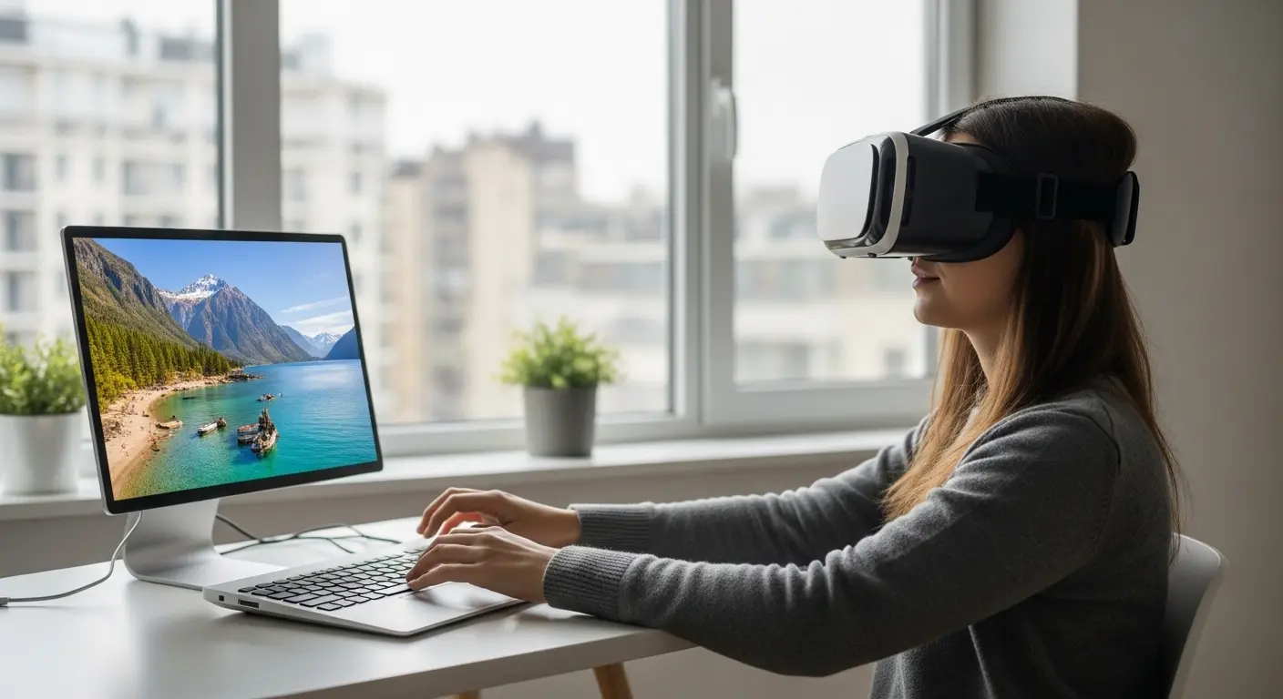 リビングのソファに座り、VRゴーグルを装着して、仮想の観光地（例：海外のビーチ）を体験している人物