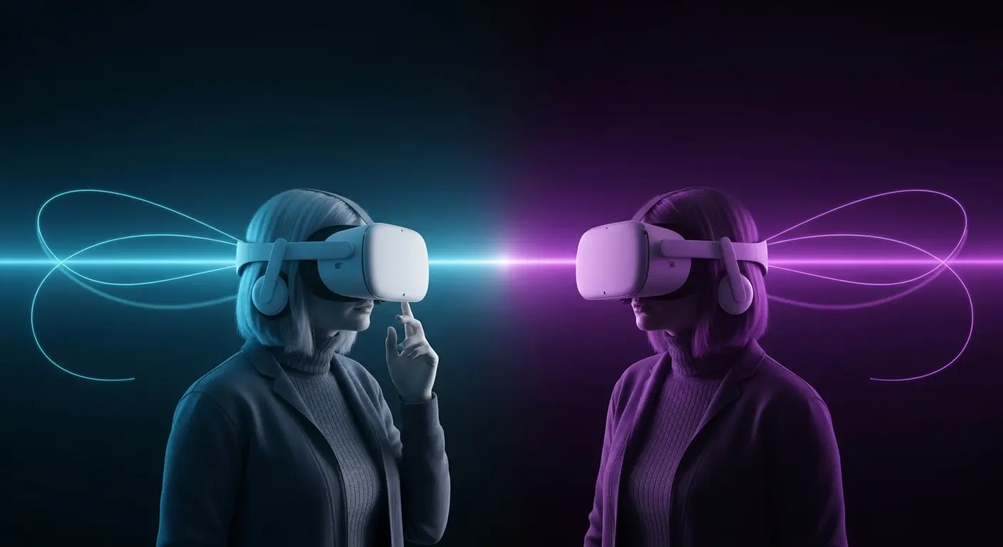 VRヘッドセットを装着した人物が、現実の部屋から光の粒子とともに異次元の海外風景（例：宇宙や幻想的な街）へと旅立つ抽象的なイメージ。