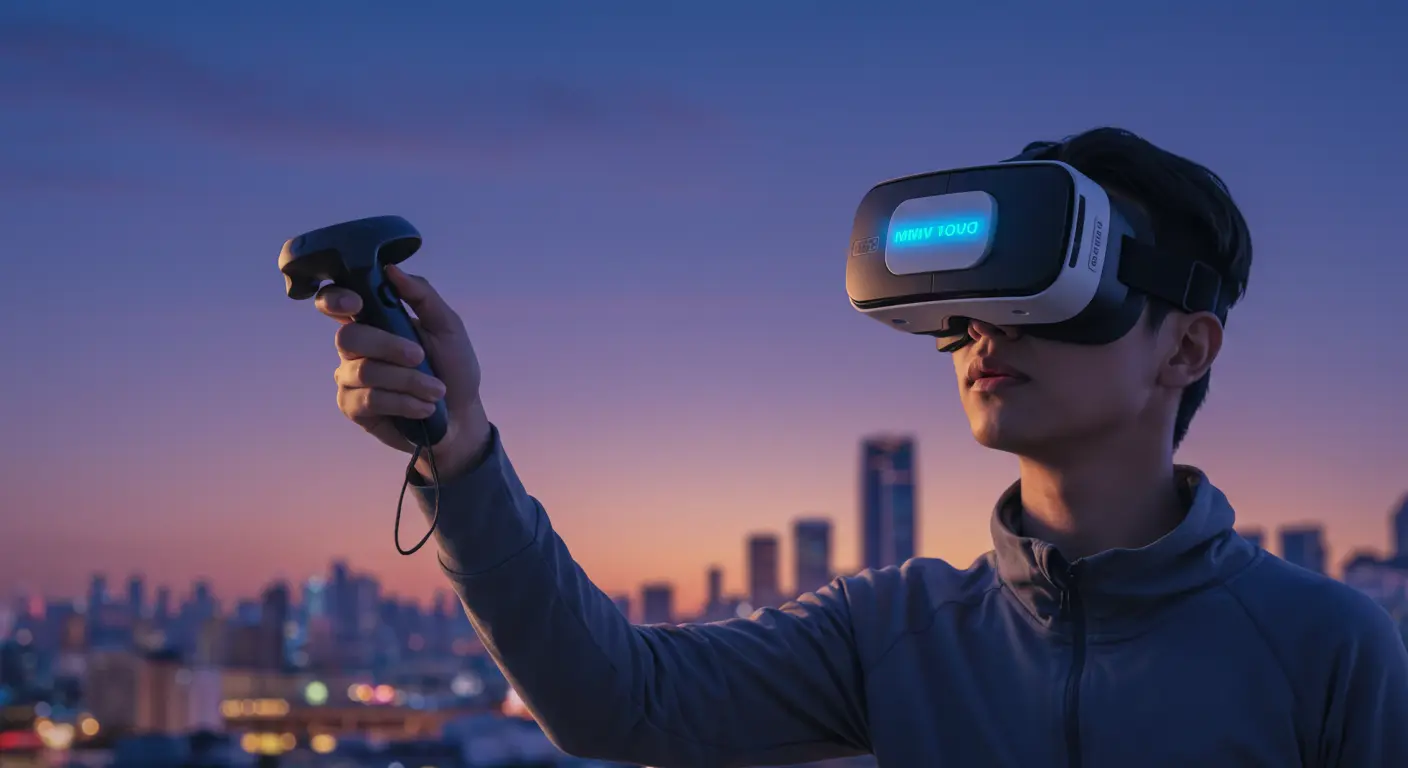 VRゴーグルを装着し、コントローラーを操作しながら、仮想現実空間に没入している人物。