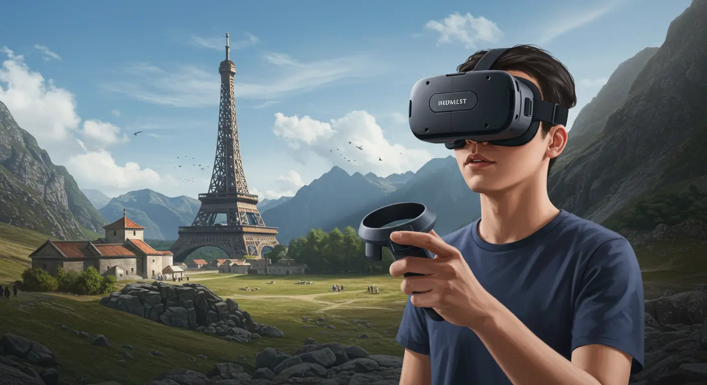 VRゴーグルを装着し、コントローラーを操作しながら、仮想現実空間に没入している人物。