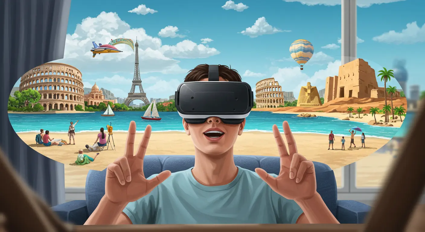 自宅でVRゴーグルを装着し、エッフェル塔やピラミッド、南国のビーチなど、世界中の海外観光地の風景を楽しんでいる人物。