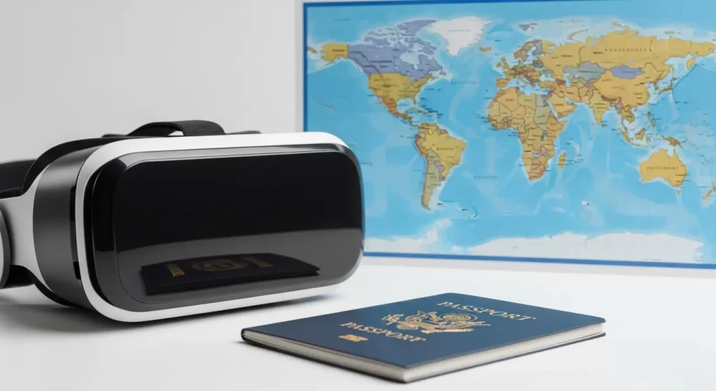 VRヘッドセットがパスポートと世界地図の上に置かれ、VRでの海外旅行の新しい可能性を示唆。