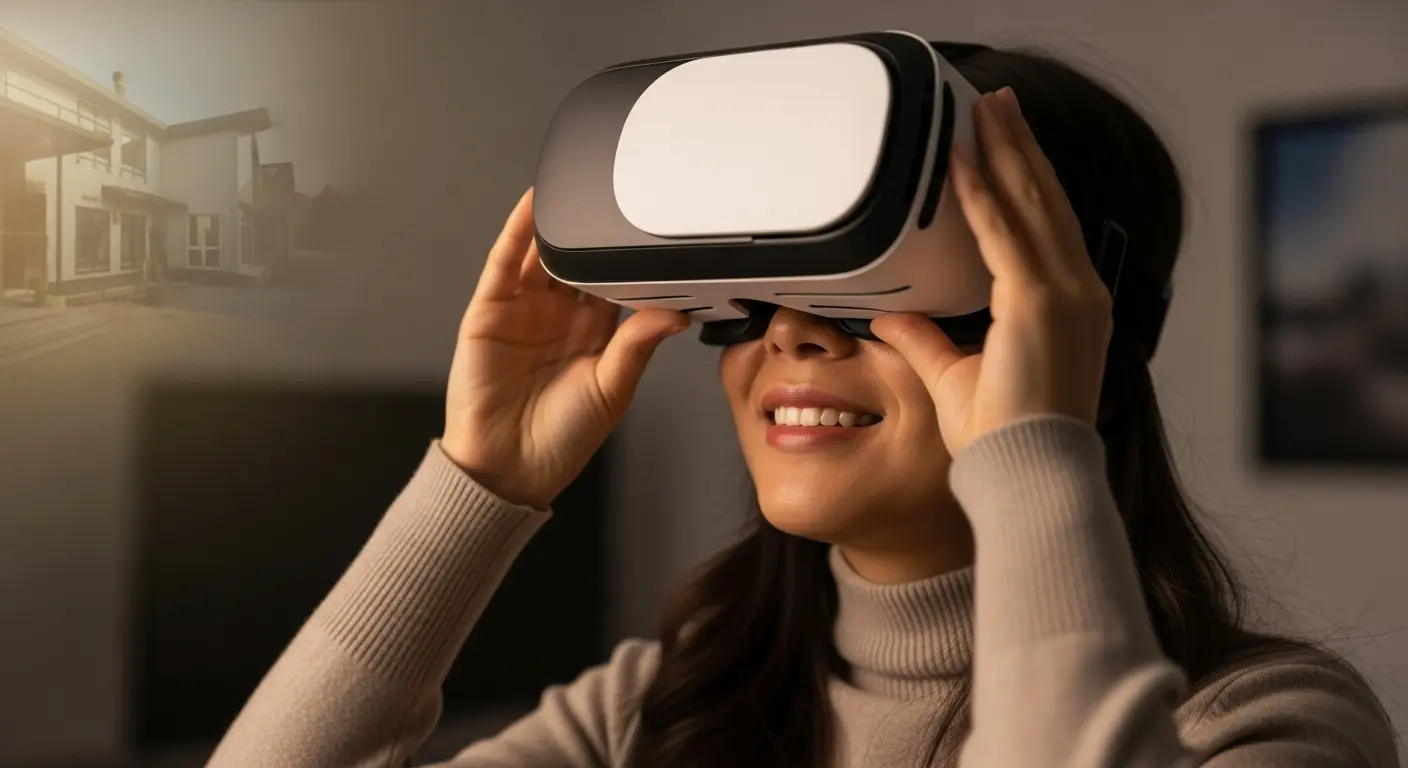 VRゴーグルを装着した女性が、仮想空間で懐かしい故郷の風景や歴史的な場所を眺め、感動している表情。