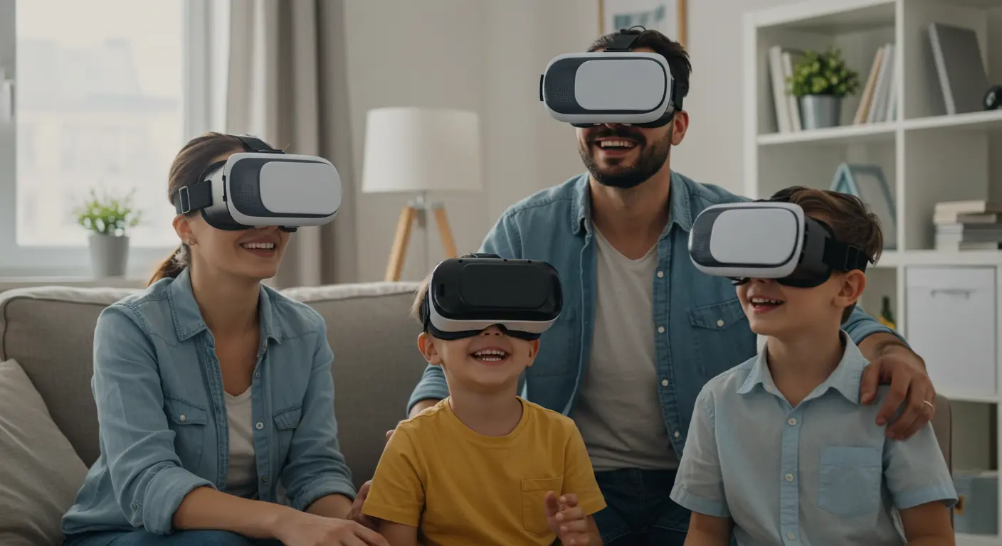 リビングでVRゴーグルを装着し、楽しそうに仮想旅行体験をする家族(親と子供)。