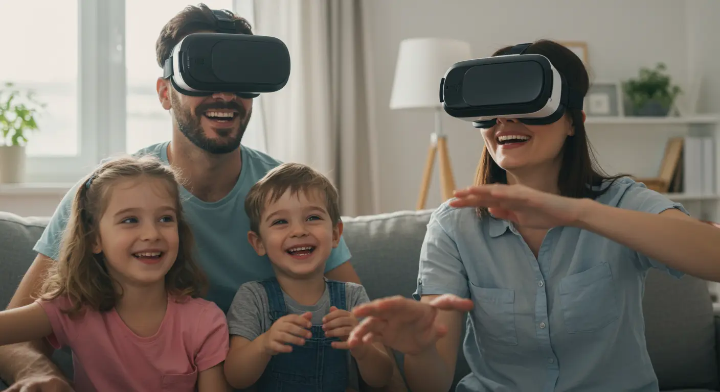 リビングでVRゴーグルを装着し、楽しそうに仮想旅行体験をする家族(親と子供)。