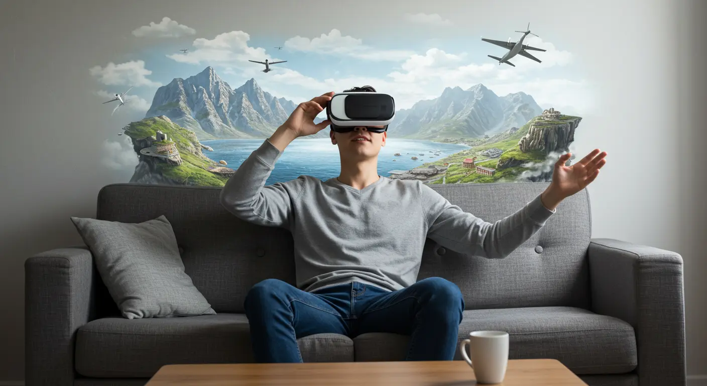 VRゴーグルを装着して、自宅のリビングで世界遺産や宇宙の風景など、様々な仮想現実の旅行体験を楽しんでいる人々。