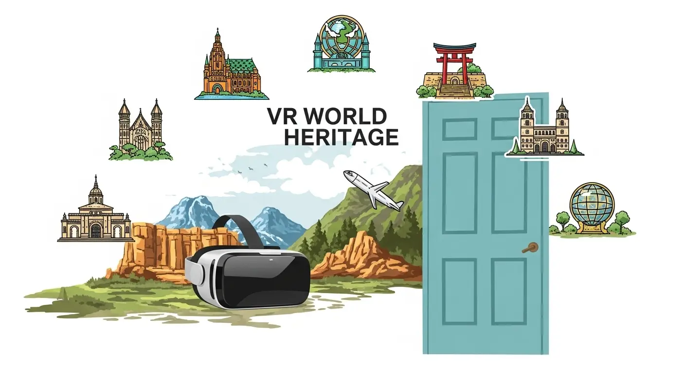VR空間でリアルに再現された、古代ローマのコロッセオやアテネのパルテノン神殿のような歴史的建造物の風景。
