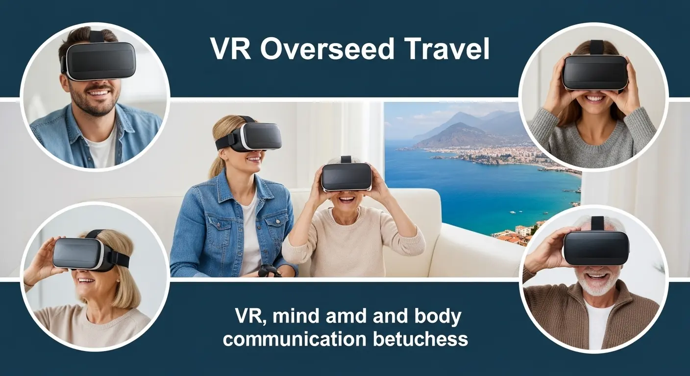 リビングで若者や家族（例：親子）がVRヘッドセットを装着し、楽しそうに海外のVRコンテンツを共有している様子。