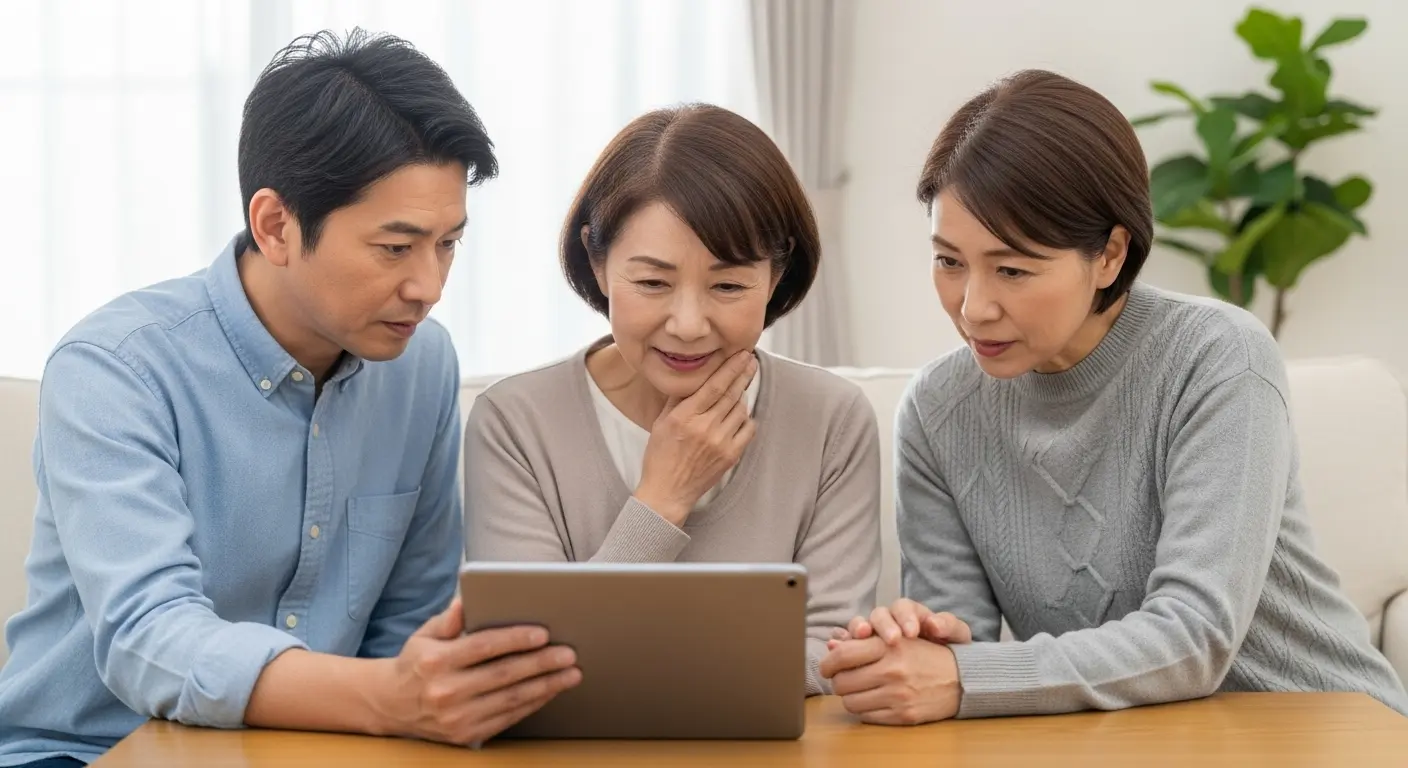 自宅でVR施設見学をする家族