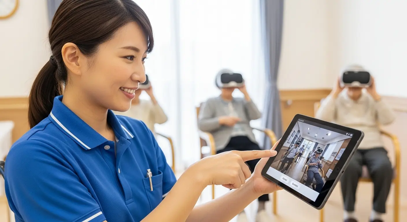 簡単操作でVRレクリエーションを準備する介護職員