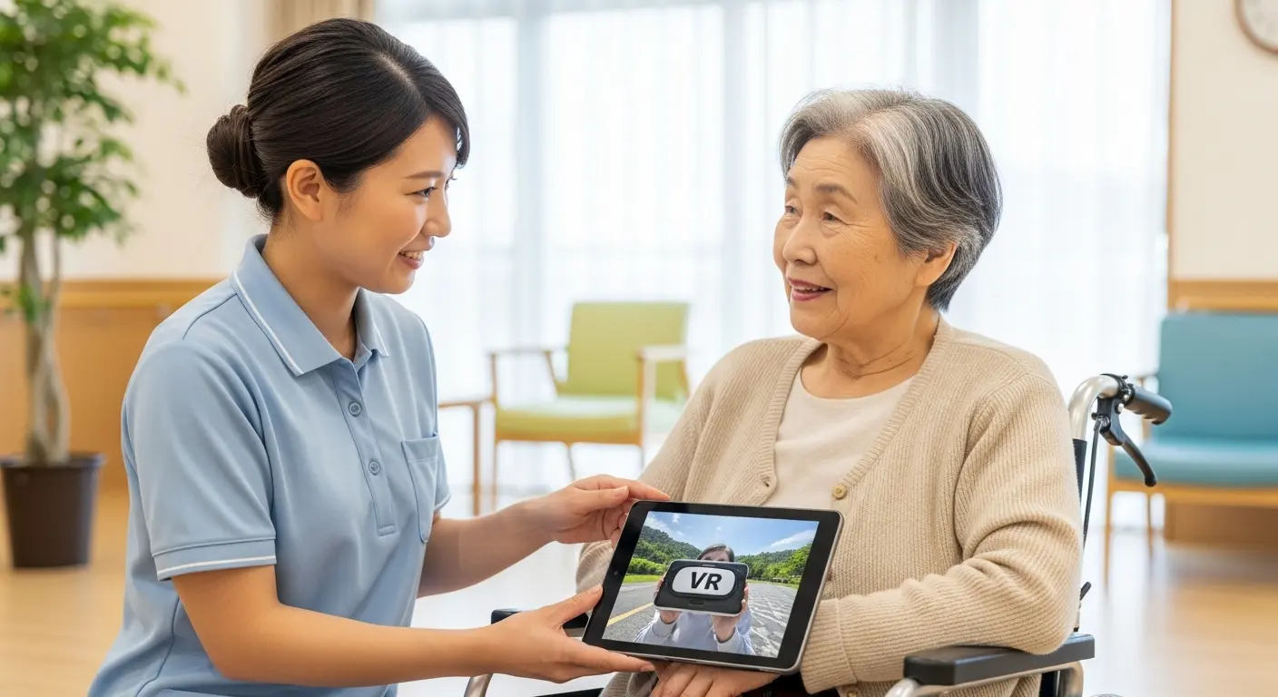 介護スタッフとタブレットVRを楽しむ高齢者