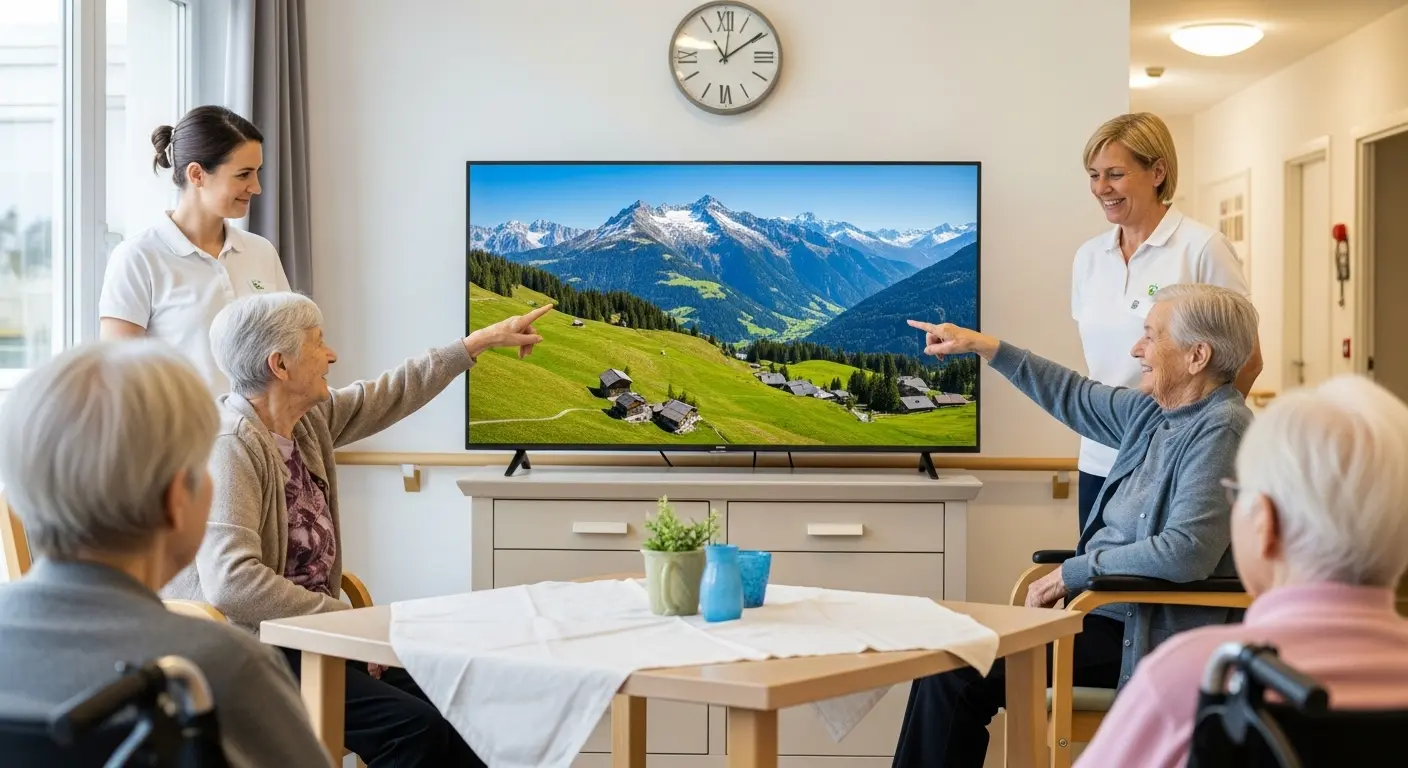 老人ホームで大画面VRを楽しむ高齢者のグループ
