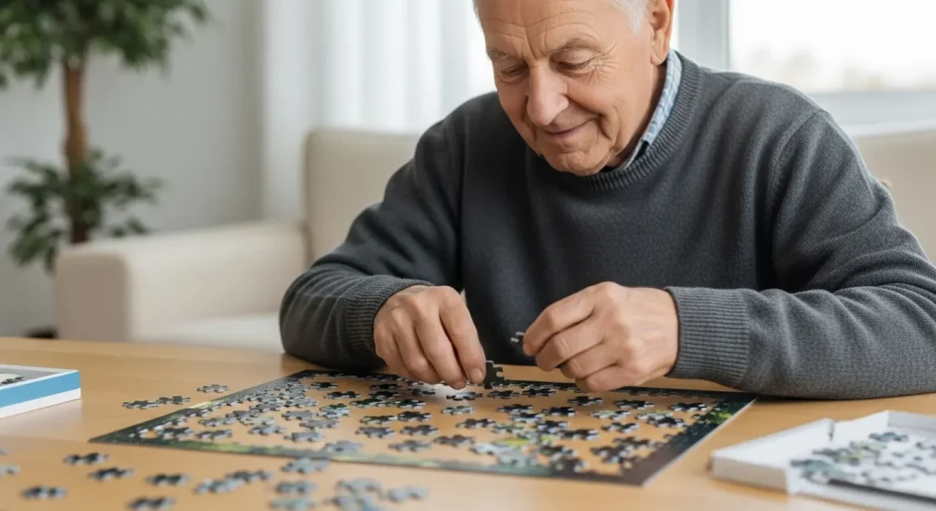 脳トレパズルを楽しむ高齢者