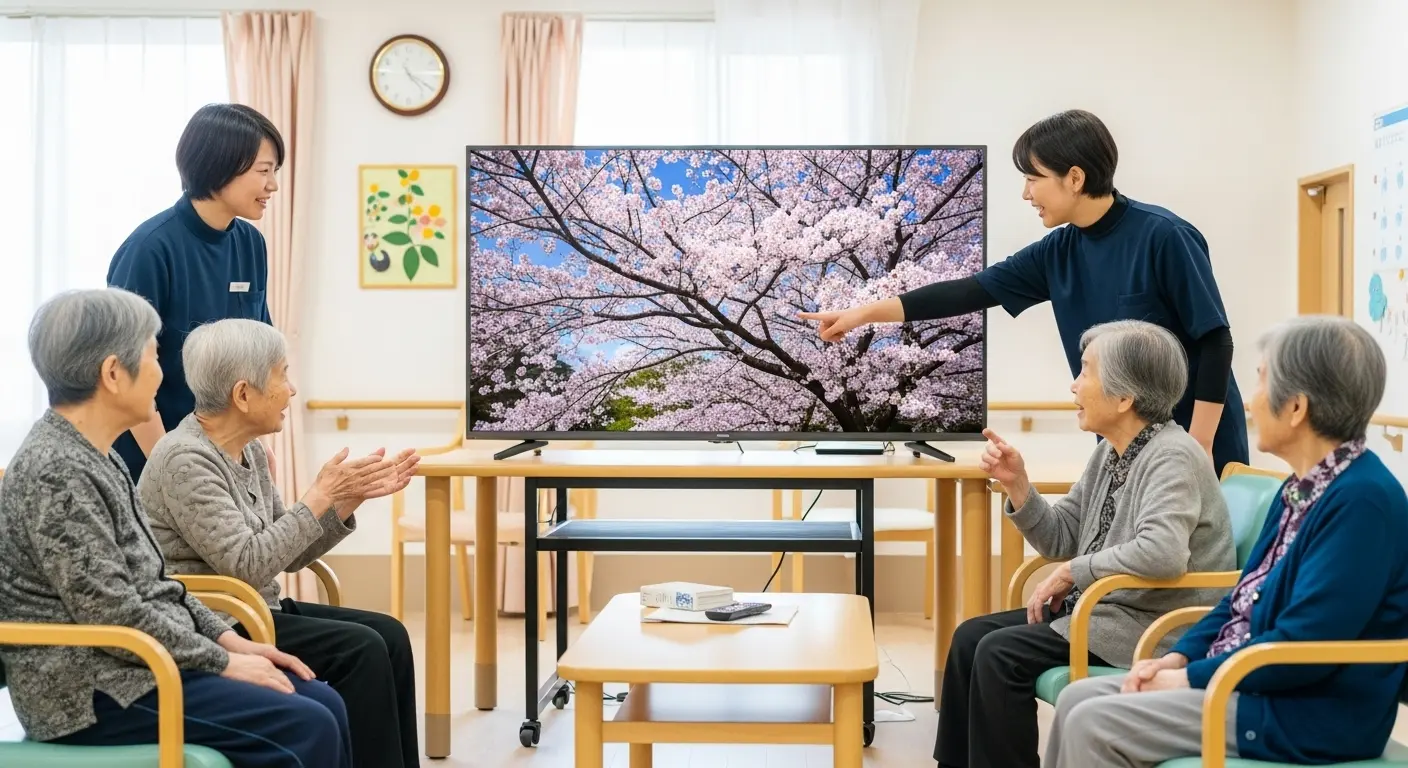 VR映像を囲んで談笑する高齢者たち