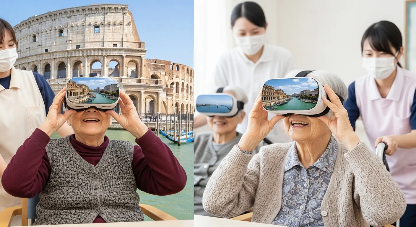 VRヘッドセットでバーチャル旅行を楽しむ介護施設の高齢者