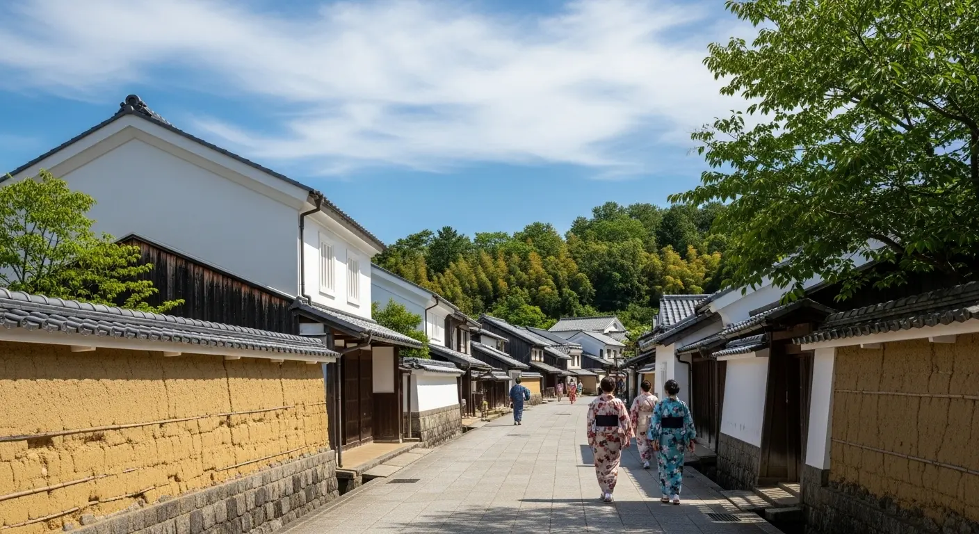 萩城下町の美しい街並みと着物姿の観光客