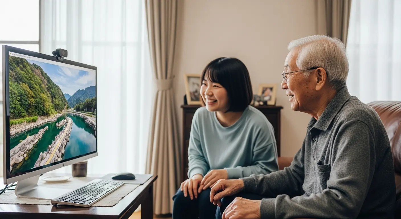 自宅でVR観光を楽しむ高齢者と家族