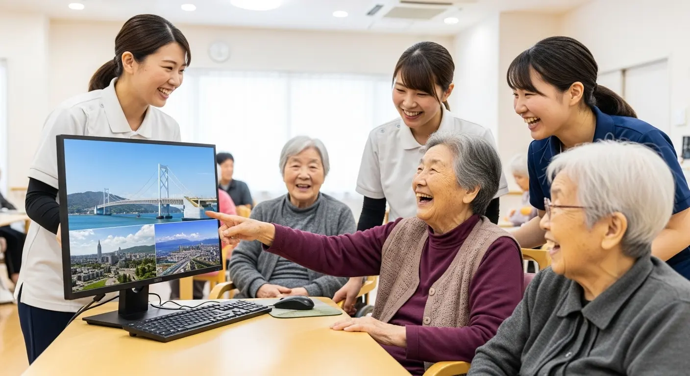 介護現場のストレスを軽減するレクリエーションを楽しむ高齢者と職員