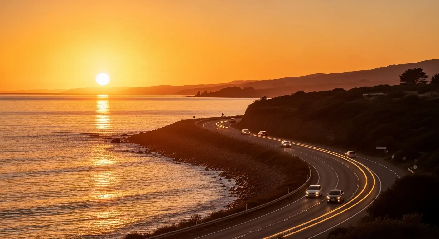 山口県日本海側の海岸線をドライブする車と夕日