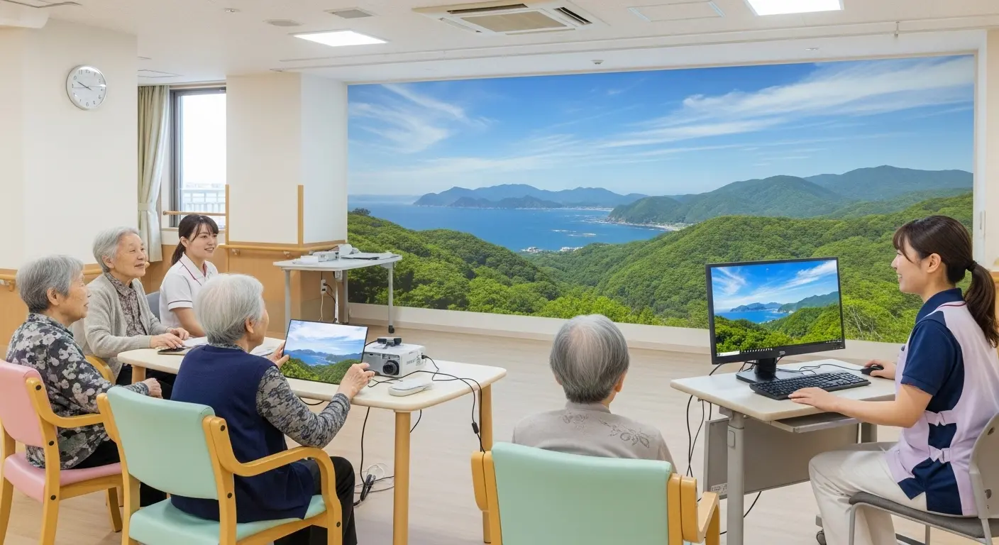 老人ホームで新しいアクティビティとしてVRを楽しむ高齢者と介護スタッフ