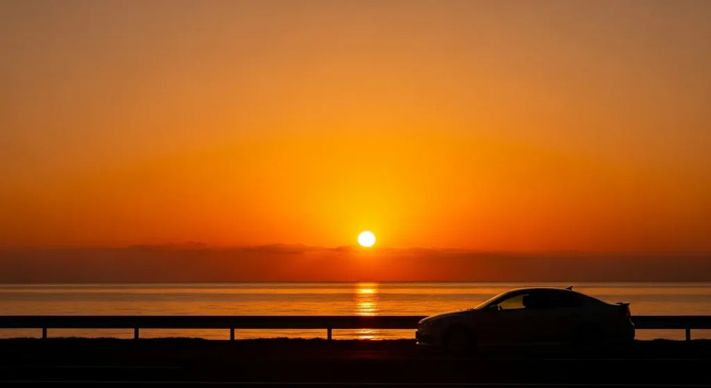山口県日本海側で夕焼けの中をドライブする風景