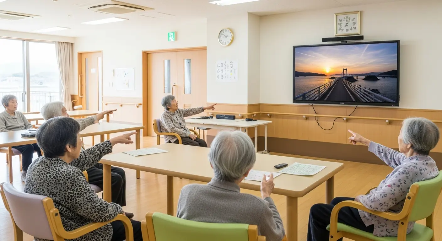 ゴーグルなしVRを楽しむ高齢者と職員