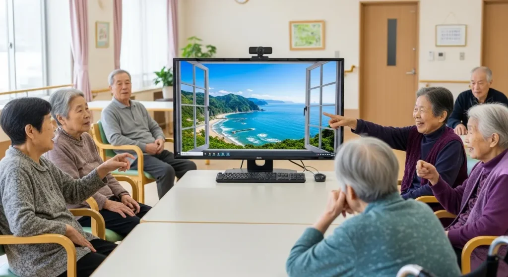 パソコン画面でVR観光を楽しむ高齢者たち