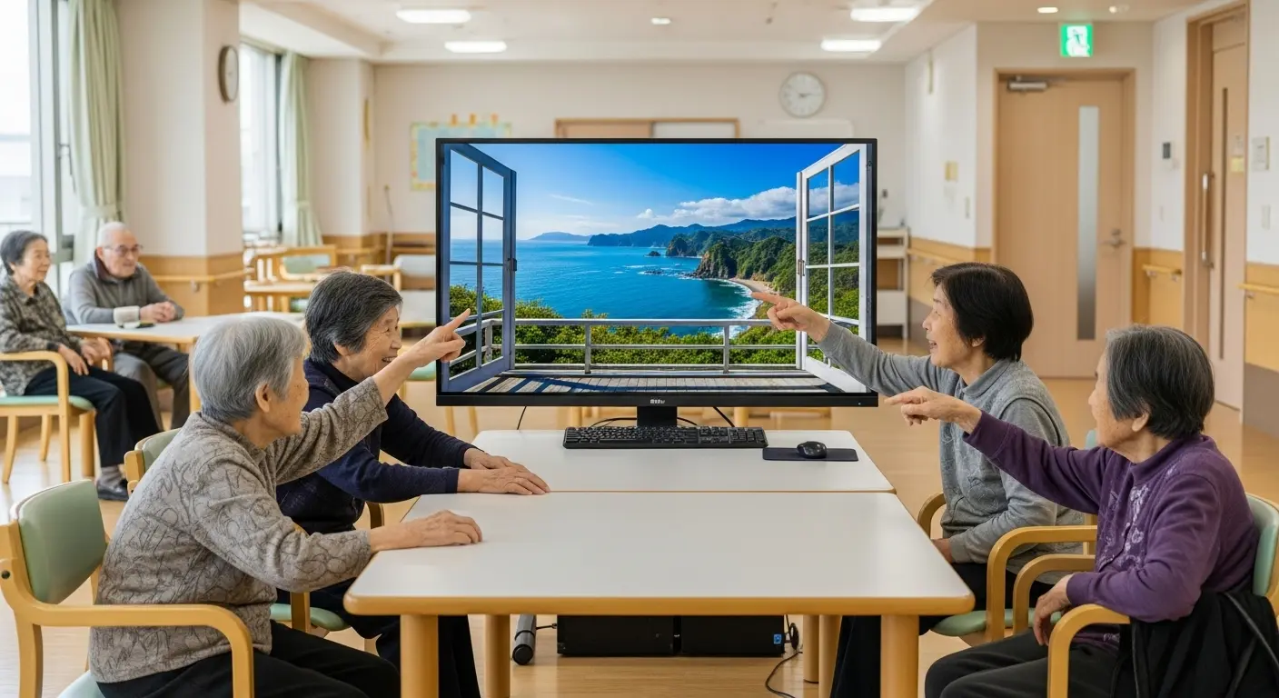 パソコン画面でVR観光を楽しむ高齢者たち