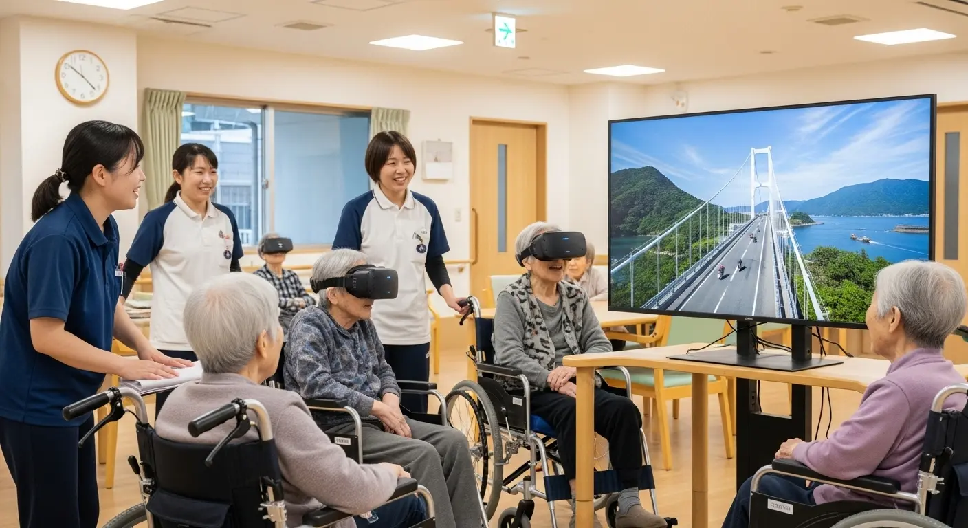 介護施設のレクリエーションでVR動画を楽しむ高齢者たち