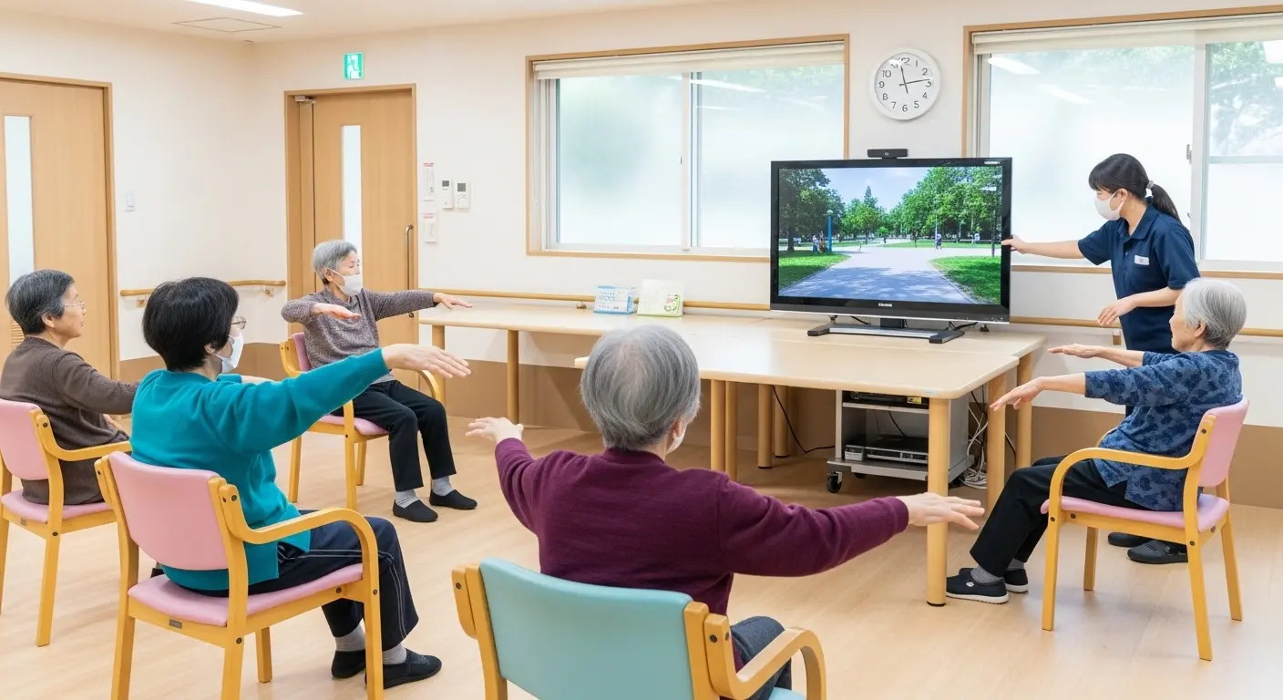 VR動画を見ながら座位体操をする高齢者