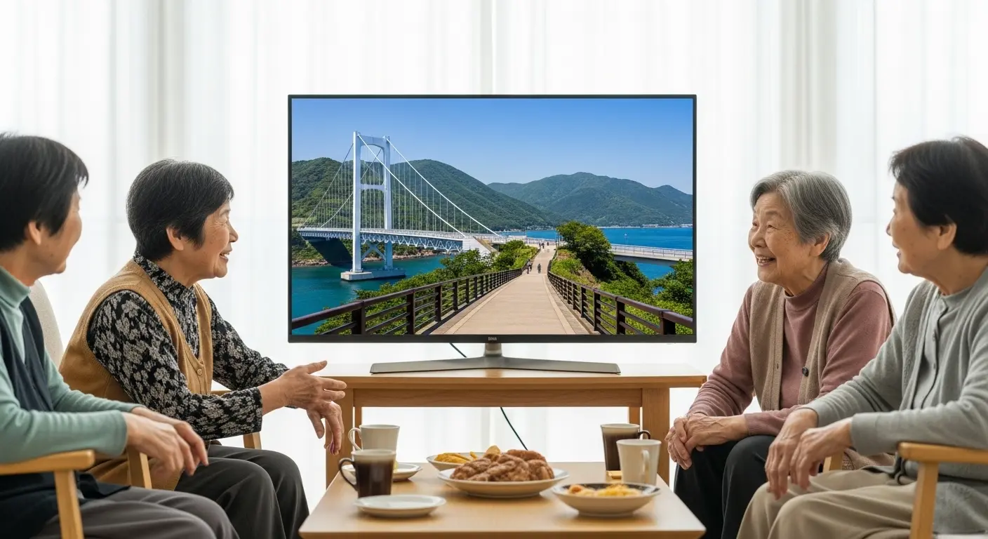 パソコン画面でバーチャル旅行を楽しむ高齢者たち